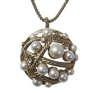Vtg Open Rope Faux Pearl Rhinestone Pendant Necklace